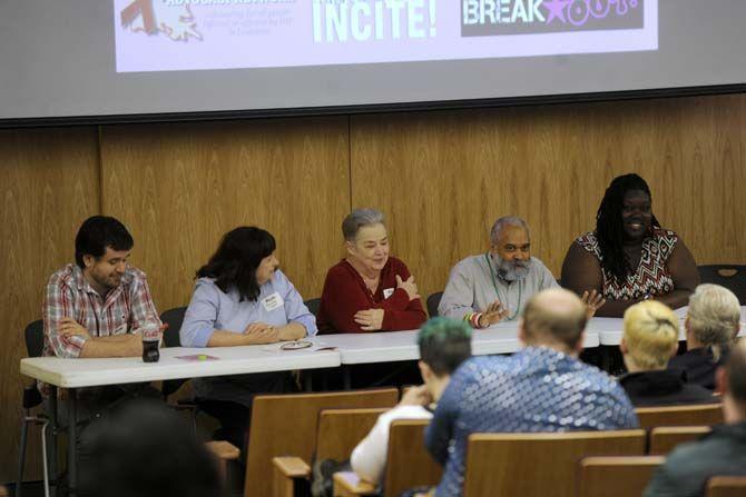 A table of panelists (from left) Bruce Parker with Equality Louisiana, local activist Courtney Sharp, Julie Thompson with Parents and Friends of Lesbians and Gays New Orleans, Dorian Alexander with Louisiana AIDS Advocacy Network and S. Mandisa Moore-O'Neal with Women's Health and Justice Initiative, speak Saturday, Mar. 14, 2015, held at The 5th Annual Louisiana Queer Conference in the LSU Business Education Complex.