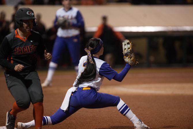 LSU sophmore infielder Sydney Bourg (10) leading cheers during their 2-1 defeat against the University of the Pacifc on Saturday, Feb. 13, 2016 at Tiger Park