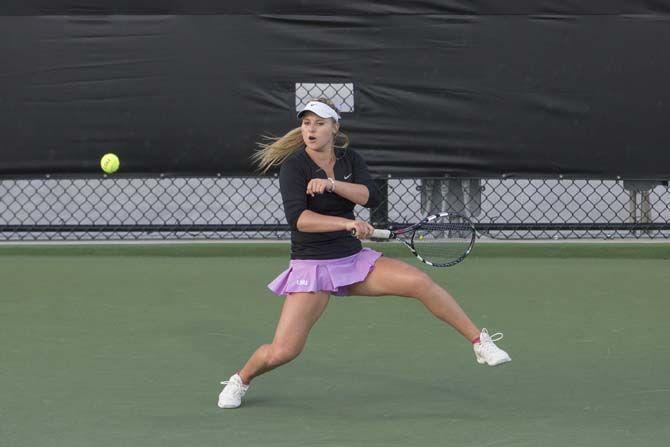 LSU freshman Jessica Golovin returns the ball against North Carolina State on Friday, February 12, 2016 at the LSU Tennis Complex.