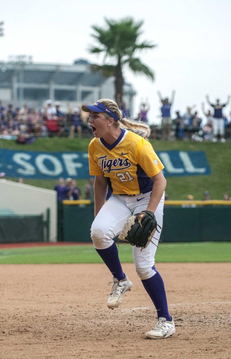 LSU freshman Carley Hoover (21) celebrates after striking out a batter during the Tiger's 10-5 final victory against Arizona on Sunday, May 24, 2015 in Tiger Park.