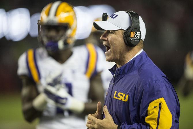 LSU head coach Les Miles yells in the sidelines during the Tigers' 30-16 defeat against The University of Alabama on Saturday, Nov. 7, 2015 in the Bryant-Denny Stadium.