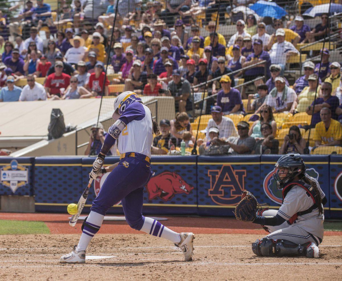 LSU sophomore infielder Sahvanna Jaquish (2) hits the ball during the Tiger's 8-0 first victory against Arizona on Saturday, May 23, 2015 in Tiger Park.