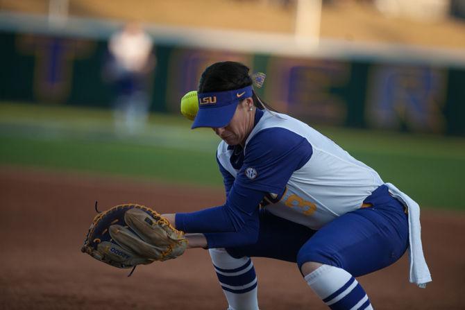 LSU senior infielder Sandra Simmions (3) drops the ball during their 2-1 defeat against University of the Pacific on Saturday, Feb. 13, 2016 at Tiger Park