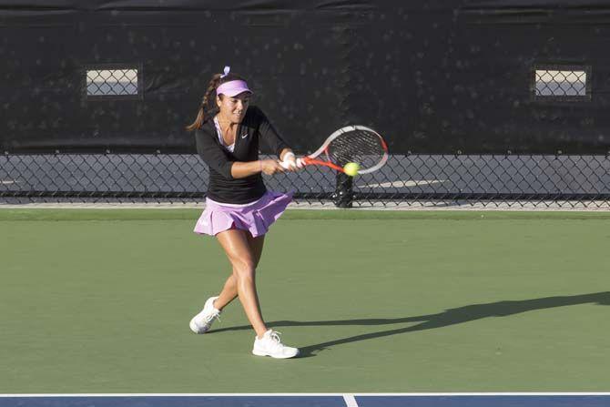 LSU junior Joana Vale Costa returns the ball against North Carolina State on Friday, February 12, 2016 at the LSU Tennis Complex.