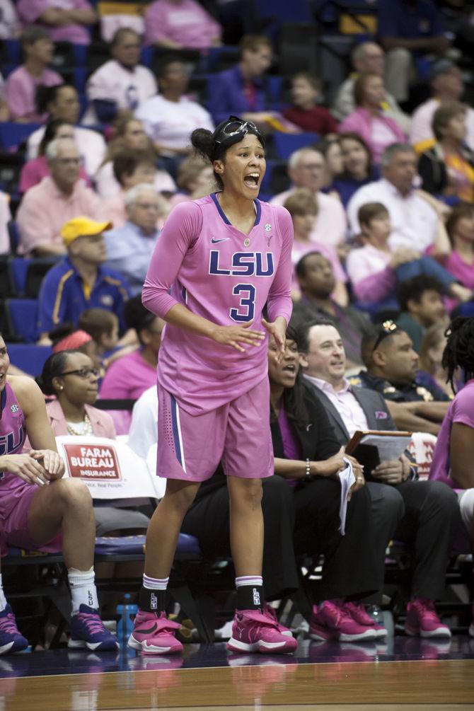 LSU senior forward Akilah Bethel (3) cheers on her teammates from the sidelines on Sunday, Feb. 21, 2016 during the Lady Tigers' 57-56 victory against Tennessee in the PMAC.