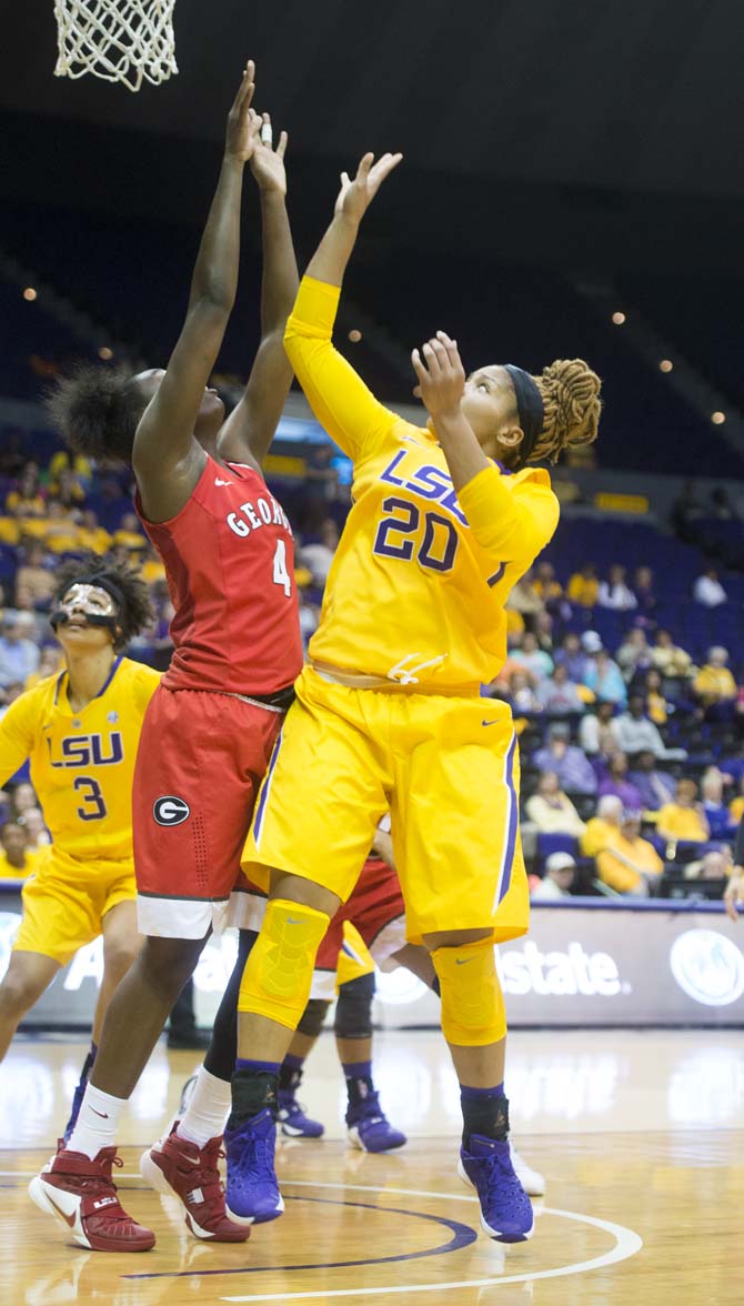 LSU junior forward Alexis Hyder (20) shoots for a score during the LSU 47-58 loss against Georgia on Sunday Feb. 14, 2016, in the PMAC.