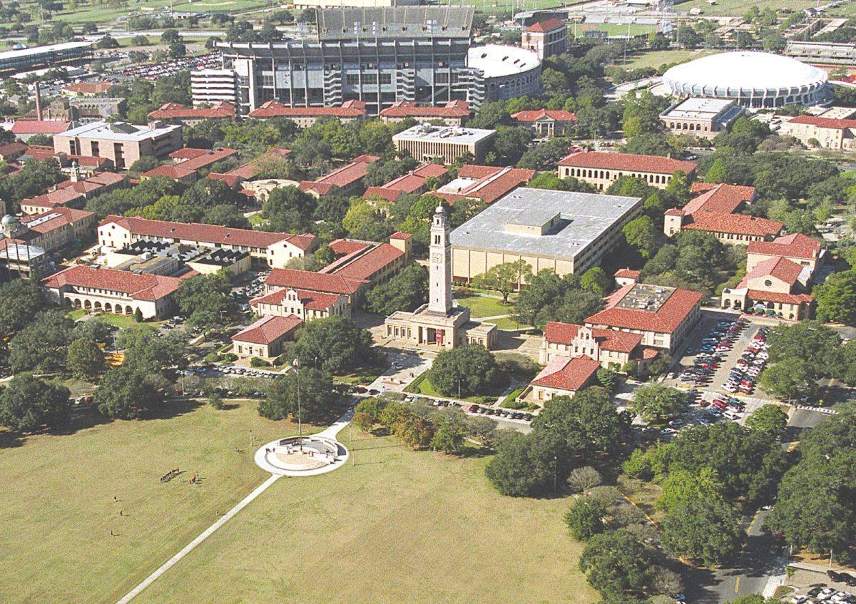 Tiger Stadium and the PMAC sit behind the Memorial Tower and the rest of campus.