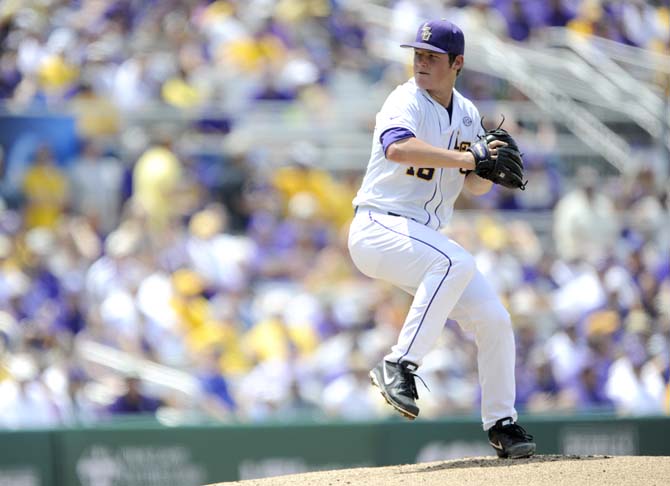 LSU freshman pitcher Jared Poche' (16) winds up to pitch Friday, May 30, 2014 during the Tigers' 8-4 victory against Southeastern Louisiana in Alex Box Stadium.