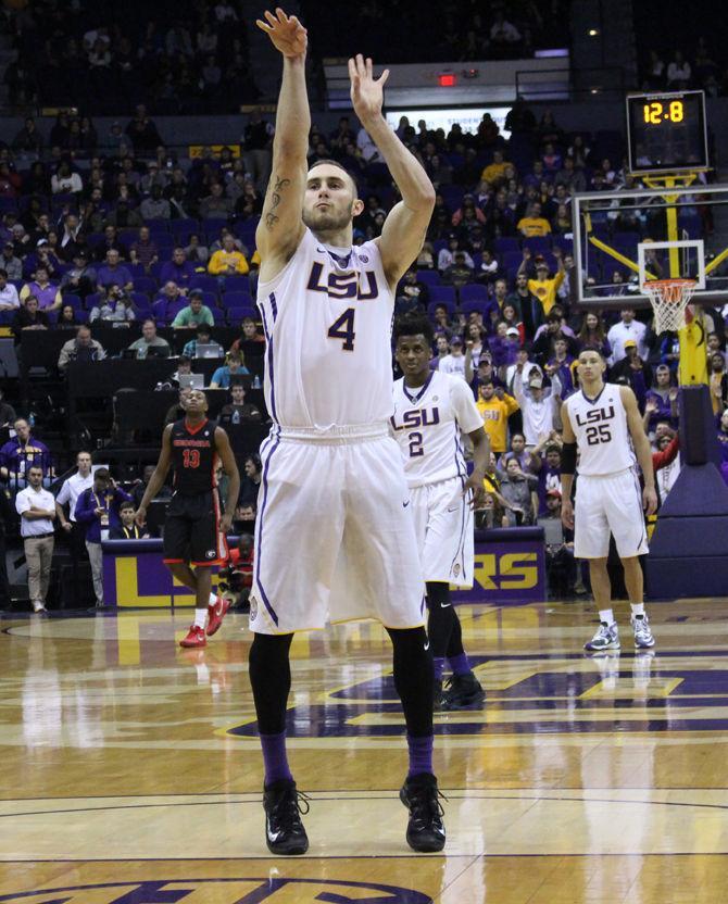 Keith Hornsby, 4, shoots a free throw during an LSU victory against Georgia, 89-85 on Tuesday, January 26, 2016 in the PMAC.