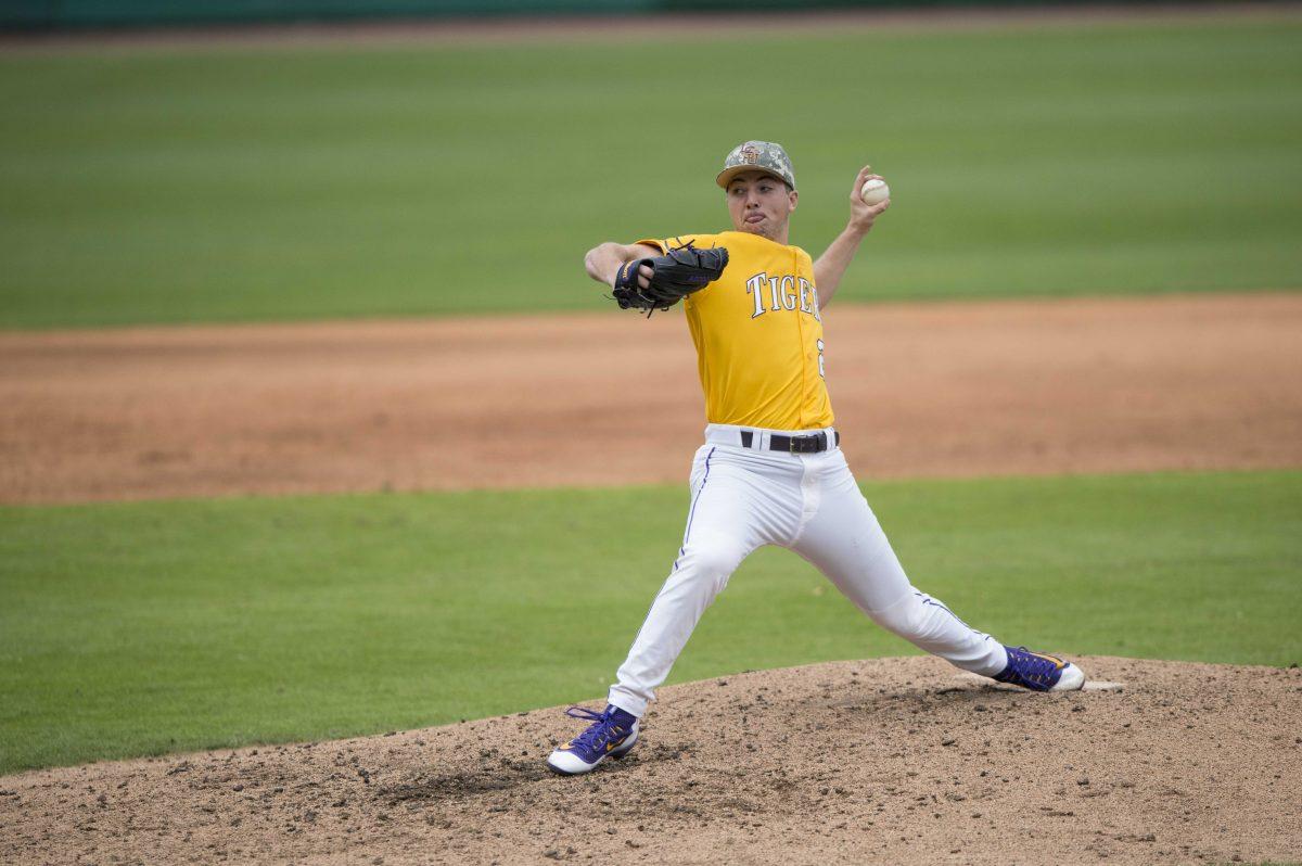 <p>LSU senior left-handed pitcher John Valek III pitches during the Tigers’ 11-1 partial victory at the top of the 9th inning on Sunday, Feb. 28, 2016 in the Alex Box.</p>