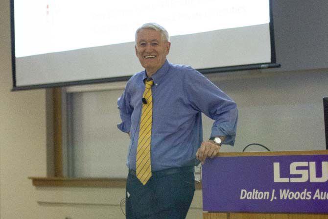 Former Chancellor of the University of California, Berkeley, Robert Birgeneau, discusses excellence and access in public higher education on Thursday, February 18, 2016 at Dalton Woods Auditorium.