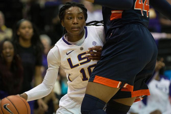 LSU junior guard Jasmine Rhodes (10) rushes down the court during LSU's 63-53&#160;defeat against Auburn on Feb. 1 at the PMAC