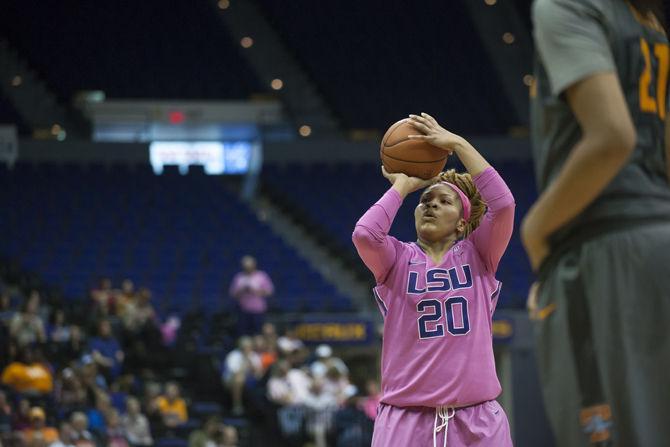 LSU junior forward Alexis Hyder (20) shoots a free throw on Sunday, Feb. 21, 2016 during the Lady Tigers' 57-56 victory against Tennessee in the PMAC.