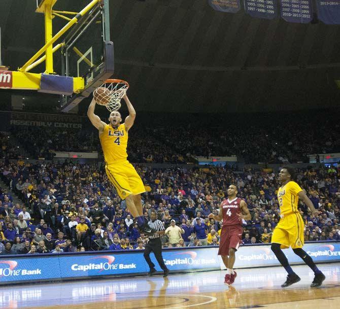 LSU senior guard Keith Horsnby (4) dunks uncontested during LSU's mens basketball 76-74 win aginst the Arkansas Razorbacks on Saturday Jan. 16, 2016, in the PMAC on LSU's campus.