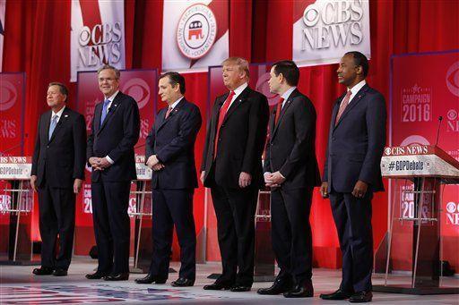 Republican presidential candidates, from left, Ohio Gov. John Kasich, former Florida Gov. Jeb Bush, Sen. Ted Cruz, R-Texas, businessman Donald Trump, Sen. Marco Rubio, R-Fla., retired neurosurgeon Ben Carson take the stage before the CBS News Republican presidential debate at the Peace Center, Saturday, Feb. 13, 2016, in Greenville, S.C. (AP Photo/John Bazemore)