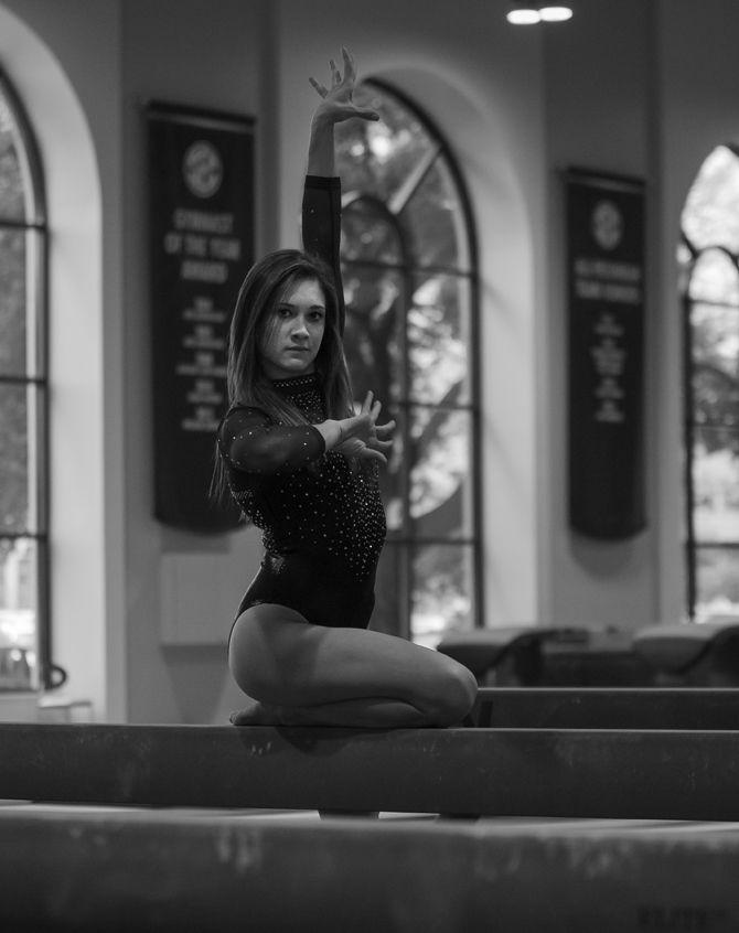 LSU senior gymnast Michelle Gauthier is not just a back up for the team, but a strong vocal leader and pacesetter for practice.