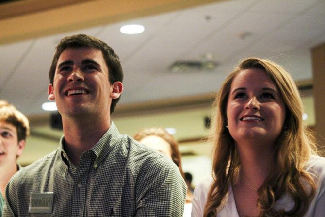 Newly elected LSU student government presidential candidate, Zach Faircloth, and vice presidential candidate, Lindsey Landry, of the Forward 2016 campaign celebrate the election results on March 9, 2016 in the Live Oak Lounge.