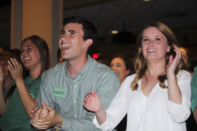 Newly elected LSU student government presidential candidate, Zach Faircloth, and vice presidential candidate, Lindsey Landry, of the Forward 2016 campaign celebrate the election results on March 9, 2016 in the Live Oak Lounge.