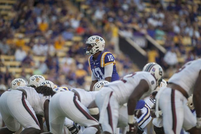 LSU junior quarterback Anthony Jennings (10) plays the few final minutes during the Tigers&#8217; 45-24 victory against the University of South Carolina on Saturday, Oct. 10, 2015 in Tiger Stadium.