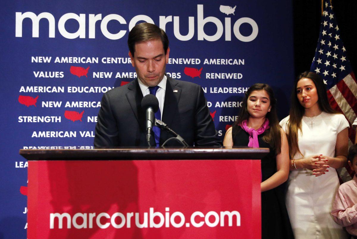 Republican presidential candidate Sen. Marco Rubio, R-Fla., speaks during a Republican primary night celebration rally at Florida International University in Miami, Fla., Tuesday, March 15, 2016. Rubio is ending his campaign for the Republican nomination for president after a humiliating loss in his home state of Florida. (AP Photo/Paul Sancya)