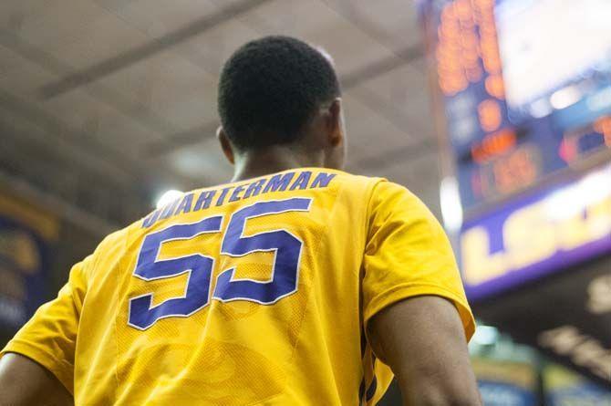 LSU junior guard Tim Quarterman (55) waits for the play to begin by the Tigers bench during the LSU 96-91 victory against the Florida Gators on Saturday Feb. 27, 2016, in the PMAC.