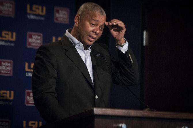 LSU basketball coach Johnny Jones discusses the upcoming season with members of the media on Monday, Oct. 26, 2015, in the Athletic Administration Building.