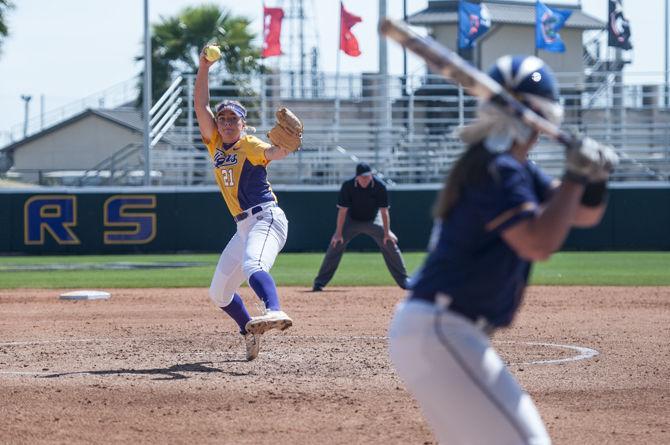 LSU sophomore pitcher Carley Hoover (21) pitches during her first career no-hitter in the Tigers' 16-0 victory against Tennessee Tech in five innings on Sunday, Mar. 6, 2016 in Tiger Park.