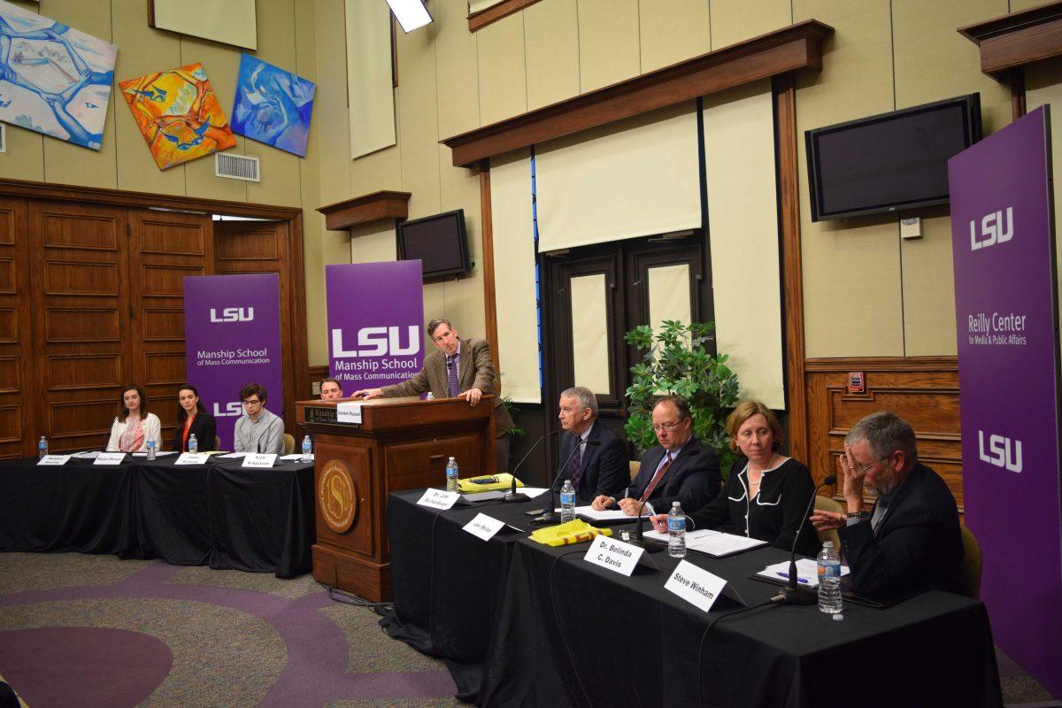 Students and experts discuss the state's historic budget crisis during the "Solve the Budget" panel hosted by the Manship School of Mass Communication's Reilly Center for Media &amp; Public Affairs and WWNO in the Journalism Building's Holliday Forum on March 7.