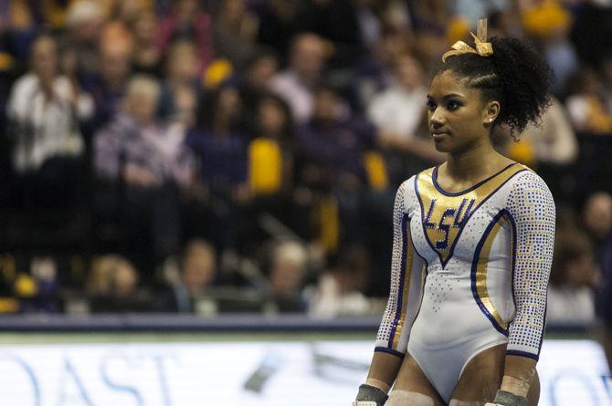 LSU all-around senior Randii Wyrick prepares to perform on the bars Friday, March 4, 2016, during the Tigers' 197.925-196.225 victory against Alabama in the PMAC.