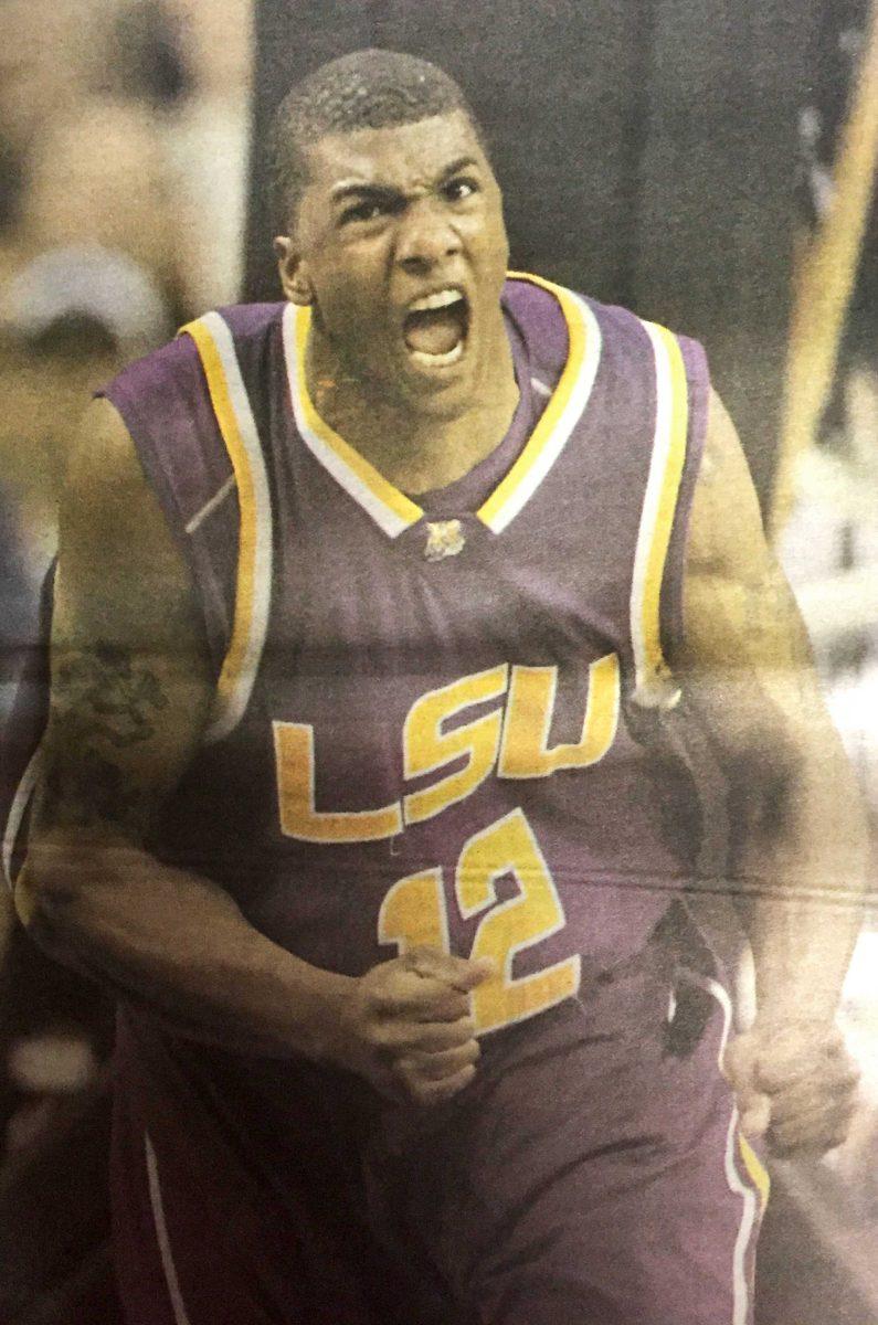 Freshman forward Tyrus Thomas reacts after dunking during the second half of LSU's NCAA Atlanta Regional basketball semifinal against Duke on March 23, 2006.