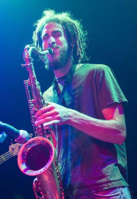 Darin Jones, saxophonist for intergalactic space funk band Captain Green, jams on stage Saturday, Sept. 14, 2013 at The Spanish Moon.