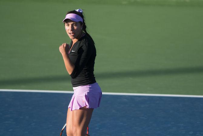 LSU Junior Joana Vale Costa playing a singles match during LSU's 5-2 victory against the Arizona Wildcats on Friday, Feb. 26, 2016 at the LSU Tennis Complex