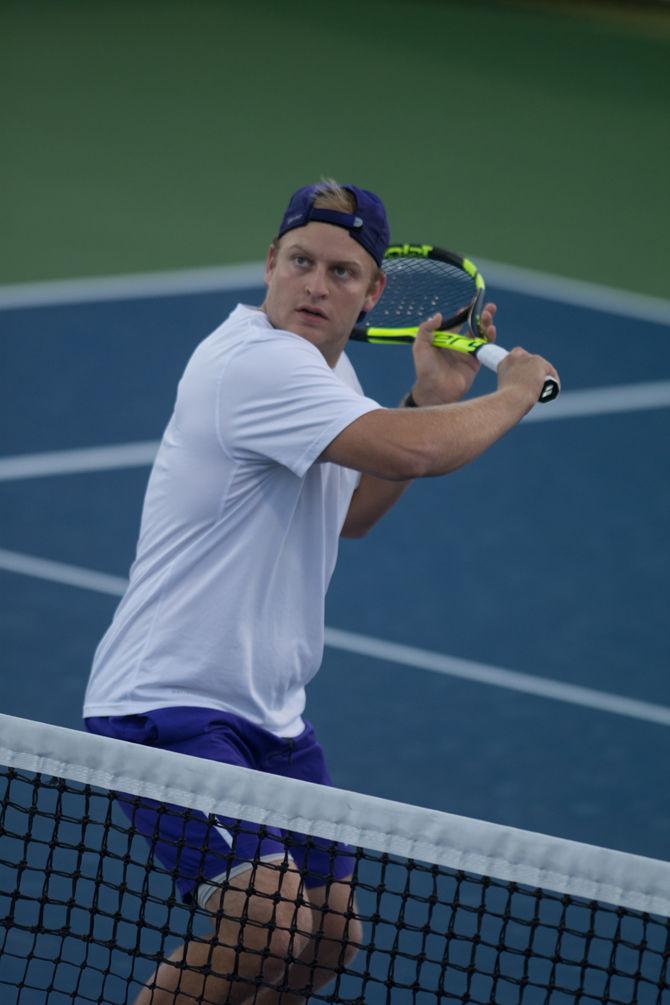 LSU senior Andrew Korinek plays a doubles match with freshman Cameron Andry during LSU's 4-3 victory against the University of North Florida on Friday, Feb. 26, 2016 at the LSU Tennis Complex