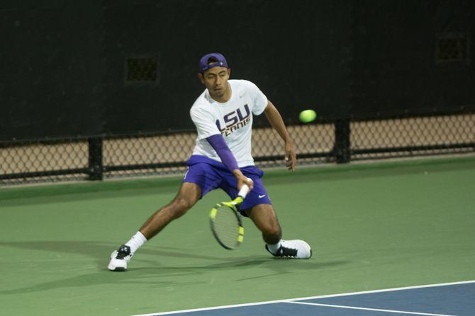 LSU senior Boris Arias returns a ball during LSU's 4-3 victory against the University of North Florida on Friday, Feb. 26, 2016 at the LSU Tennis Complex