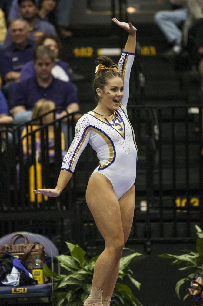 LSU all-around junior Sydney Ewing performs her floor routine Friday, March 4, 2016, during the Tigers' 197.925-196.225 victory against Alabama in the PMAC.