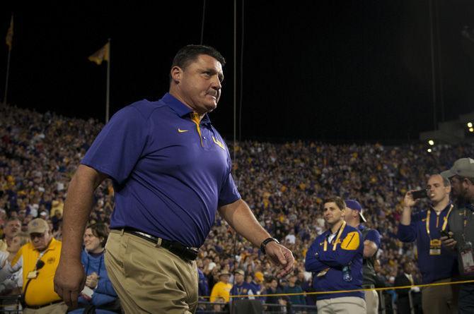 LSU defensive line coach Ed Orgeron emerges from the locker room on Saturday, Nov. 14, 2015, during the Tigers' 31-14 defeat against University of Arkansas in Tiger Stadium.