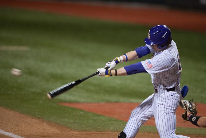 LSU junior outfielder Jake Fraley (8) bats during LSU's 6-3 win against Louisiana Tech on Tuesday, March 8, 2016 at Alex Box Stadium