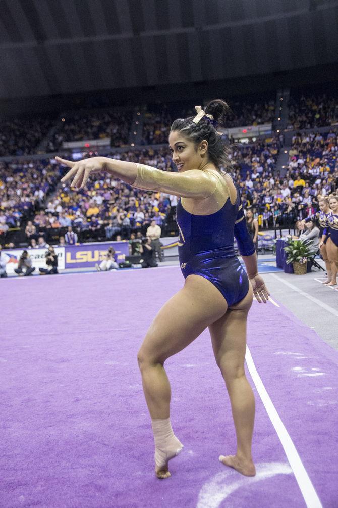 LSU senior all-arounder Jessica Savona performs her floor rutine during the Tigers' 197.825-197.125 victory against Auburn on Friday, Feb. 19, 2016 in the PMAC.