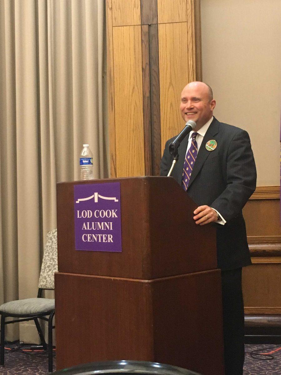 Celtic Media Centre executive producer Patrick Mulhearn addressed students Thursday, March 17, 2016, at the Lod Cook Alumni Center.