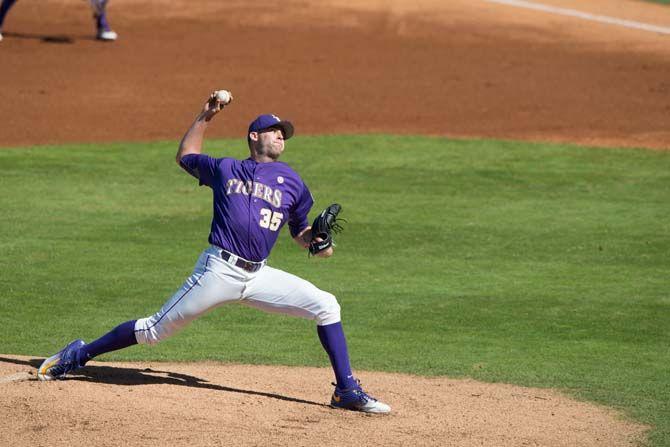 LSU sophmore pitcher Alex Lange (20) pitches during LSU's 5-4 loss against Sacramento State on Saturday, Feb. 27, 2016 at Alex Box Stadium