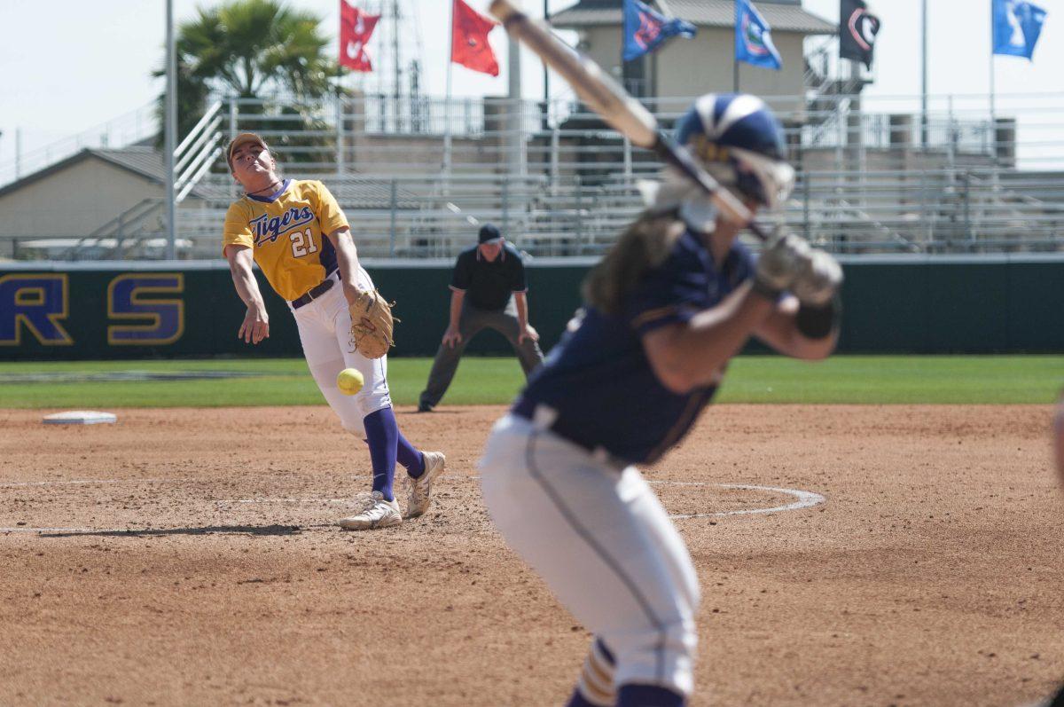 LSU sophomore pitcher Carley Hoover (21) throws first career no-hitter during the Tigers' 16-0 victory against Tennessee Tech in five innings on Sunday, Mar. 6, 2016 in Tiger Park.