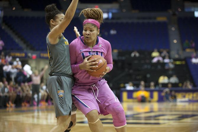 LSU junior forward Alexis Hyder (20) pushes towards the goal on Sunday, Feb. 21, 2016 during the Lady Tigers' 57-56 victory against Tennessee in the PMAC.