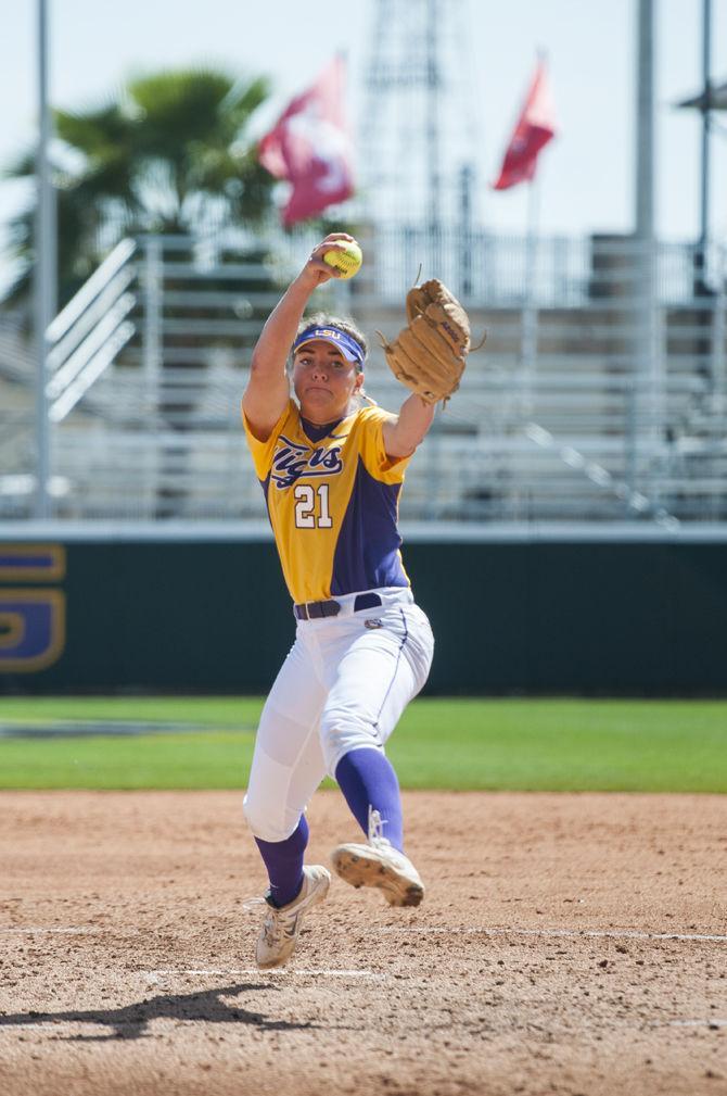 LSU sophomore pitcher Carley Hoover (21) throws first career no-hitter during the Tigers' 16-0 victory against Tennessee Tech in five innings on Sunday, Mar. 6, 2016 in Tiger Park.