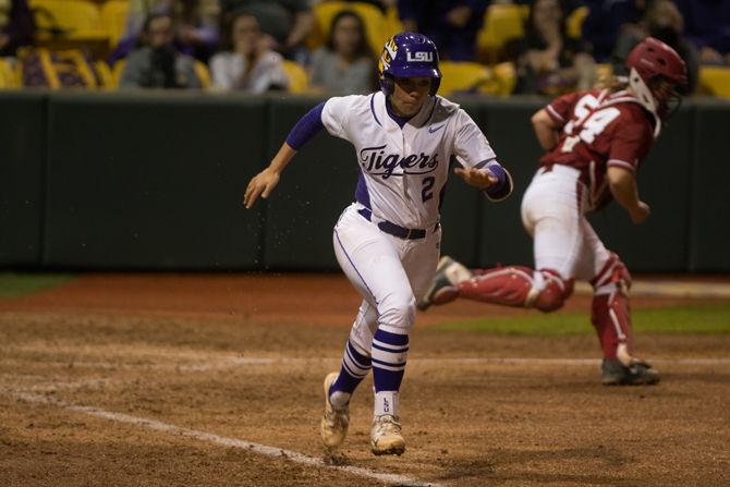 LSU junior infielder Sahvanna Jaquish (2) runs to first base during LSU's 6-2 victory against the University of Alabama on March 11, 2016 at Tiger Park