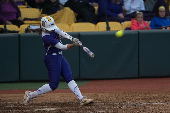 LSU junior infielder Sahvanna Jaquish (2) bats during LSU's 2-0 victory against the Nicholls State University on Tuesday, March 22, 2016 at Tiger Park