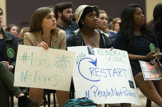 Students support the Restart 2016 campaign in the Student Government debate on March 3, 2016 held in the LSU Union Ballroom.