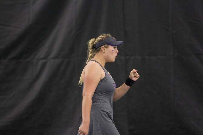 Freshman Jessica Golovin celebrates after gaining the point against Ole Miss on Friday, March 11, 2016 at the LSU Tennis Complex.