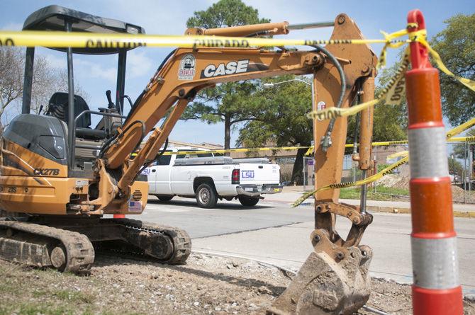 A sidewalk undergoes construction on Tuesday, March 15, 2016, along Ceba Lane on campus.