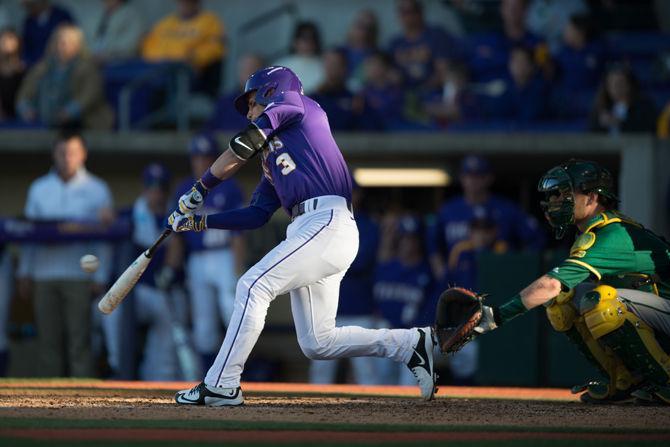 LSU junior infielder Kramer Robertson (3) batting during LSU's 5-4 loss against Sacramento State on Saturday, Feb. 27, 2016 at Alex Box Stadium