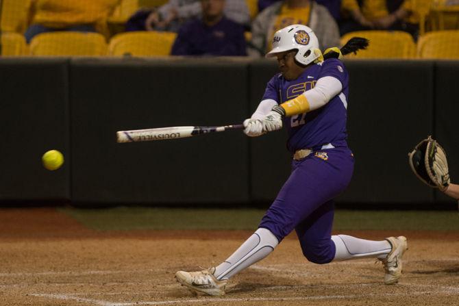 LSU senior infielder Bianka Bell (27) bats during LSU's 17-2 victory against the University of Memphis on Friday, March 4, 2016 at Tiger Park